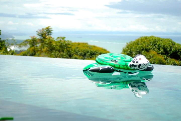 An inflatable turtle floating in a bright infinity pool overlooking the sea